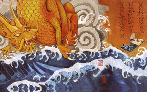 Artă japoneză cu dragon pe ocean agitat