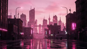 Un peisaj urban estetic de culoare roz deschis, cu reflexii neon. — Amurg Fundal
