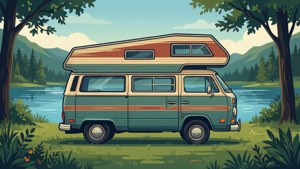 Tapet vectorial retro cu autocaravană pentru o atmosferă de călatorie estivală. — Vară Fundal