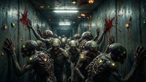 Un val înfricoșător de necromorfi înaintează printr-un coridor îngust al navei spațiale.