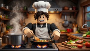 Pregătește o furtună culinară cu un avatar chef Roblox într-o bucătărie agitată. — Roblox Fundal