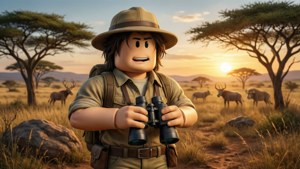 Pleacă într-o aventură safari cu un avatar Roblox în savană.