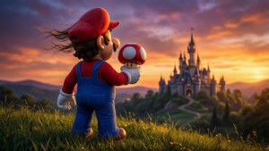 Mario privește spre un castel îndepărtat la apus, ținând un Super Ciupercă, într-un peisaj senin și plin de aventură. — Mario Fundal