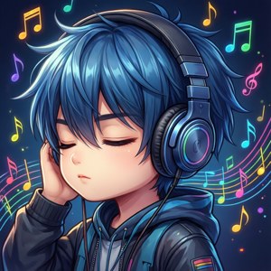 Băiat chibi cu căști albastre bucurându-se de muzică. — Pfp anime drăguț Fundal