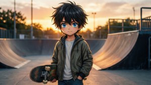 Băiat anime drăguț cu skateboard la apus. — Pfp anime drăguț Fundal