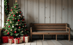 bancă,Crăciun,brad,cadouri,confortabil,sărbătoare,decor,interior,pin,sezonier,festiv,ornamente,celebrare,călduros,rustic