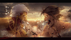 Titanul Blindat înfruntând Titanul Atac în Bătălia de la Shiganshina, fundal Attack On Titan.