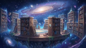 O scenă anime capricioasă cu una bibliotecă plutind în spațiu — Peisaj anime GIF Fundal