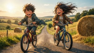 Copii anime mergând cu bicicletele pe un deal în mediul rural în timpul orei de aur. — Anime copii Fundal