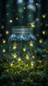 Un borcan magic cu licurici într-un cadru forestier blând. — Estetică moale Fundal