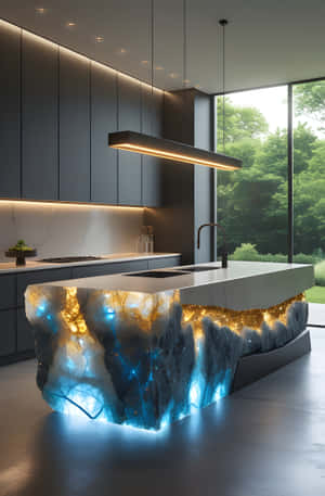 bucătărie modernă, interior de lux, piatră iluminată, insulă de bucătărie, design contemporan, piatră naturală, cuarțit chihlimbar, iluminat suspendat, bucătărie minimalistă, dulapuri închise la culoare, design interior, design arhitectural, bucătărie de lux, blat de piatră, iluminat modern, vedere spre pădure, design elegant, materiale premium, bucătărie personalizată, interior sofisticat — Vedere de pădure Fundal