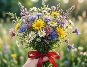 O mână care ține un buchet de flori sălbatice cu panglică roșie, estetică proaspătă a iubirii. — Dragoste estetică Fundal