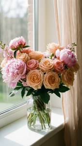 Un delicat buchet în nuanțe pastel de roz și piersică într-o vază, cu lumină solară moale. — Pastel Fundal