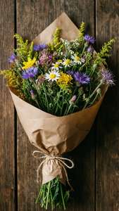 Buchet de flori sălbatici în hârtie maro pe lemn, rustic natural și confortabil. — Floare estetic Fundal