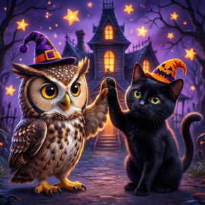 Adorabilă bufniță și pisică dând palmă în pălării de Halloween lângă o casă bântuită. — Drăguț de Halloween Fundal