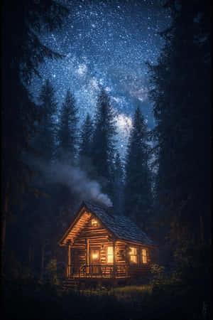noapte,cabană,lampion,pădure,pin,cer înstelat,fum,confortabil,calm,misterios,natură,4K — iPhone 4 Fundal