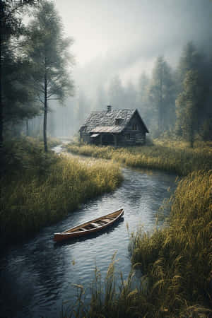 cabană,râu,canoe,iarbă,stuf,ceață,dimineață,sălbăticie,rustic,pașnic,natură,confortabil,4K — iPhone 4 Fundal