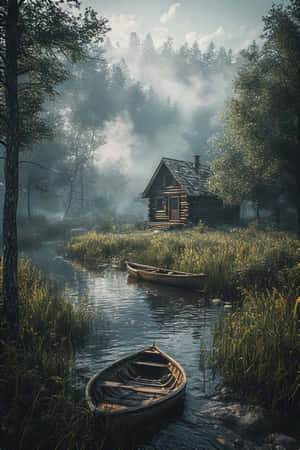 cabană,râu,canoe,iarbă,stuf,ceață,dimineață,sălbăticie,rustic,pașnic,natură,confortabil,4K — iPhone 4 Fundal