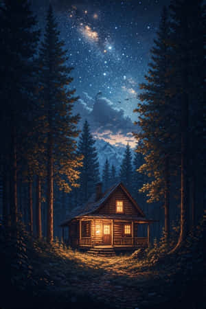 noapte,cabina,lampion,pădure,pin,cer înstelat,fum,confortabil,calm,misterios,natură,4K — iPhone 4 Fundal