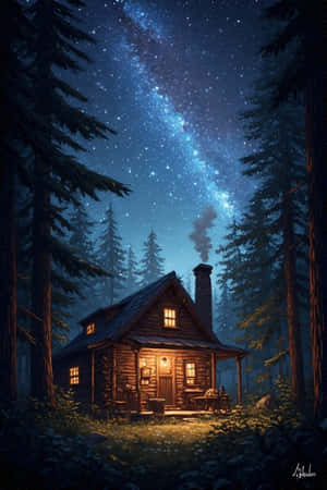 noapte,cabina,lampion,pădure,pin,cer înstelat,fum,confortabil,calm,misterios,natură,4K — iPhone 4 Fundal