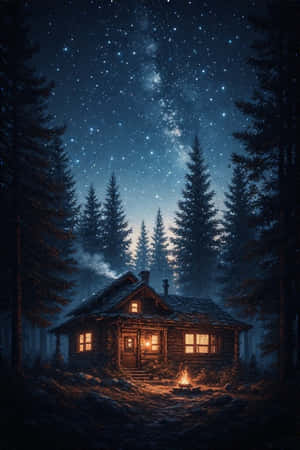noapte,cabina,lampion,pădure,pin,cer înstelat,fum,confortabil,calm,misterios,natură,4K — iPhone 4 Fundal