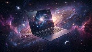 Un Chromebook plutind printr-o nebuloasă stelară în spațiul cosmic. — Chromebook Fundal