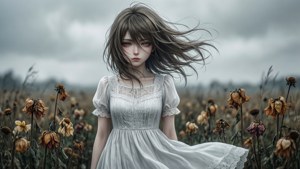 O fată anime într-un câmp ofelit, tristă și bătută de vânt. — Anime trist GIF Fundal