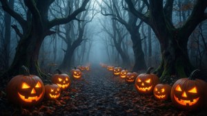 Cărare de pădure cețoasă cu dovleci luminoși și copaci răsuciti — Atmosferă de Halloween Fundal