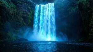 O cascada fantasy care straluceste cu lumina neon albastra — Albastru neon estetic Fundal