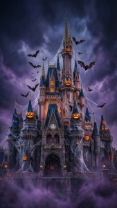 Castelul Cenerentola de la Disney reimaginat ca un castel de Halloween bântuit.