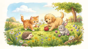 cățeluș,pisicuță,iepuraș,arici,animale,pajiște,flori,primăvară,vară,natură,exterior,acuarelă,ilustrație,drăguț,kawaii,copii,cameră copii,basm,poveste,dulce