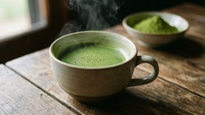 Ceașcă de ceai verde matcha pe o masă din lemn.