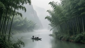 Râul Yangtze în ceață, cu bambus și un pescar singuratic — Chinez Fundal