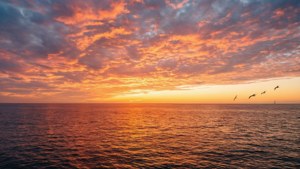 Un apus de soare spectaculos peste ocean, cu culori vibrante și reflexii.