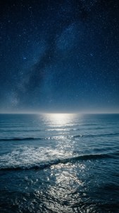 Ocean calm sub un cer înstelat noaptea, cu reflexii.