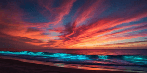 cer de apus, vedere la ocean, nori vibranti, apa linistita, seara colorata, orizont linistit, plaja calma, seninatate naturala, coasta pitoreasca, atmosfera tropicala, cer de vis, ocean reflectorizant, tonuri de roz si albastru, lumina moale, scena relaxanta — Frank Ocean Fundal