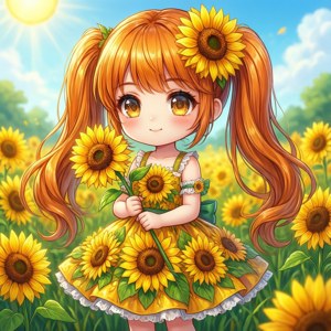 Fată chibi anime veselă și luminoasă cu o floarea soarelui — Pfp anime drăguț Fundal