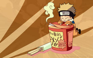 Chibi Naruto Uzumaki în uniforma sa încercând să urce pe un mic cup noodles sau Ramen.