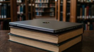 Un Chromebook sprijinit pe cărți într-o bibliotecă, perfect pentru teme de studiu. — Chromebook Fundal