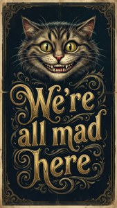 Tapet tipografic cu Motanul Cheshire și citatul 'Toți suntem nebuni aici'. — Cheshire Cat Fundal