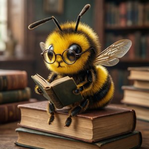 Charmy Bee citește o carte printre cărți stivuite. — Pixel Watch Fundal
