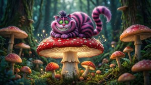 Motanul Cheshire pe o ciupercă uriașă într-o pădure fermecată. — Cheshire Cat Fundal
