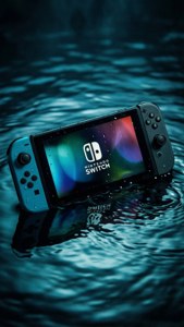 Tapet suprarealist cu un Nintendo Switch sub apă, iluminat dramatic