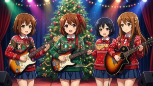 Fetele K-On! cântând la un concert de Crăciun pe scenă