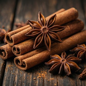 Apropiat de scorțișoară și anason stelat pe lemn, condimente calde. — Estetic de Crăciun Fundal