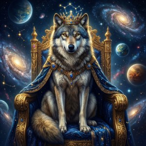 Un lup galactic regal stă pe un tron de stele, încoronat cu constelații. — Lup galactic GIF Fundal