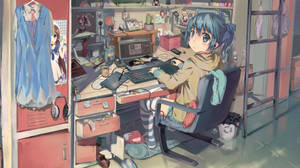 Configurație dezordonată cu laptop în stil anime — Anime laptop Fundal
