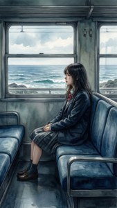 Rikako singură în tren, privind oceanul — Valuri oceanice Fundal