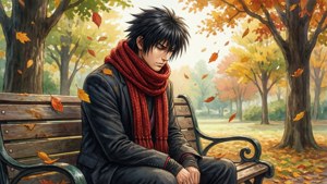Jin Kazama într-un parc toamna, adânc în gânduri. imagine de fundal