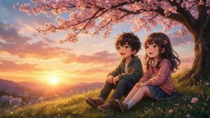 Doi copii anime se bucură de un apus liniștit sub copacii cu flori de cireș. — Anime copii Fundal
